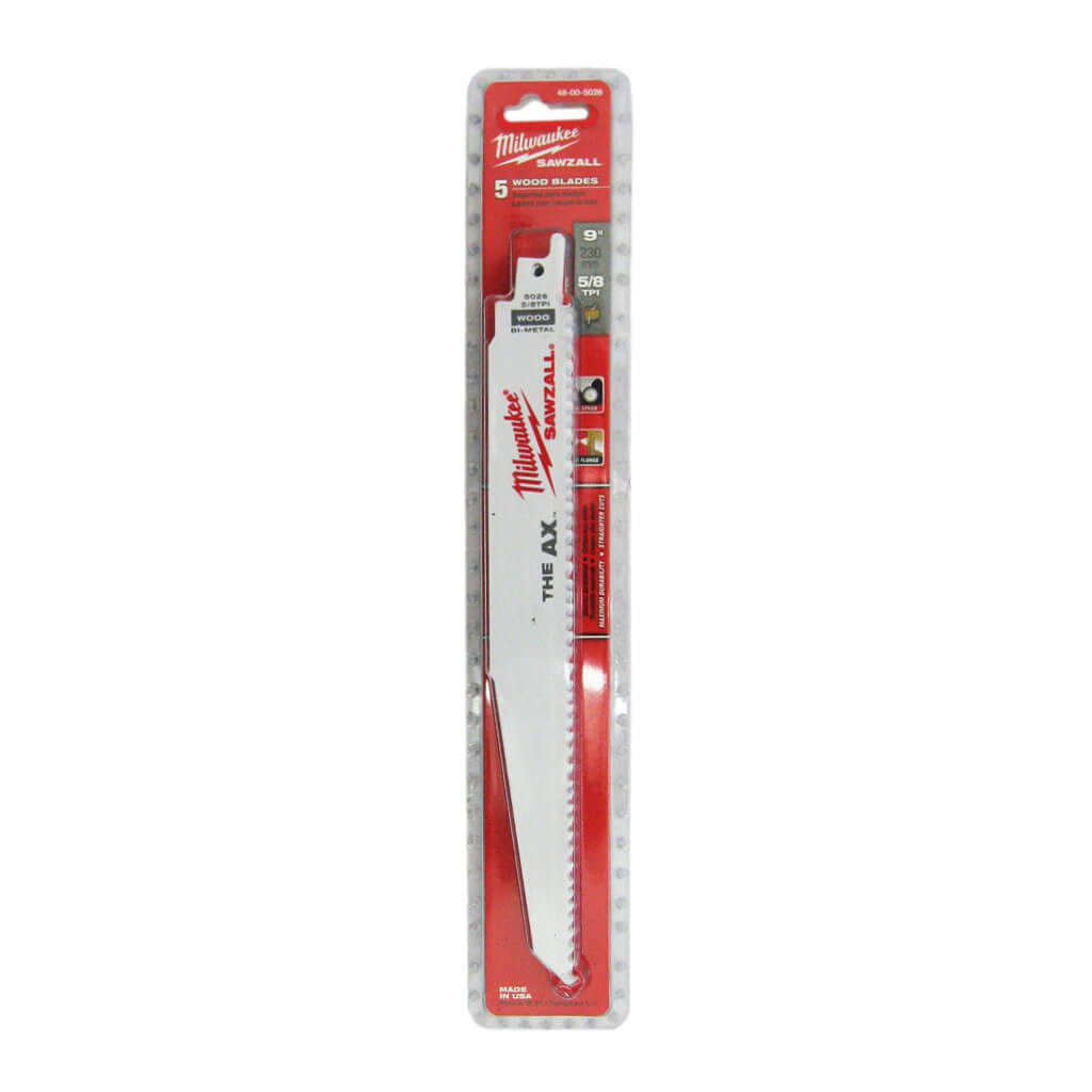 Milwaukee 48-00-5026 9 in. 5 TPI SAWZALL AX Nail Embedded Wood Reciprocating Saw Blade (5-Pack)