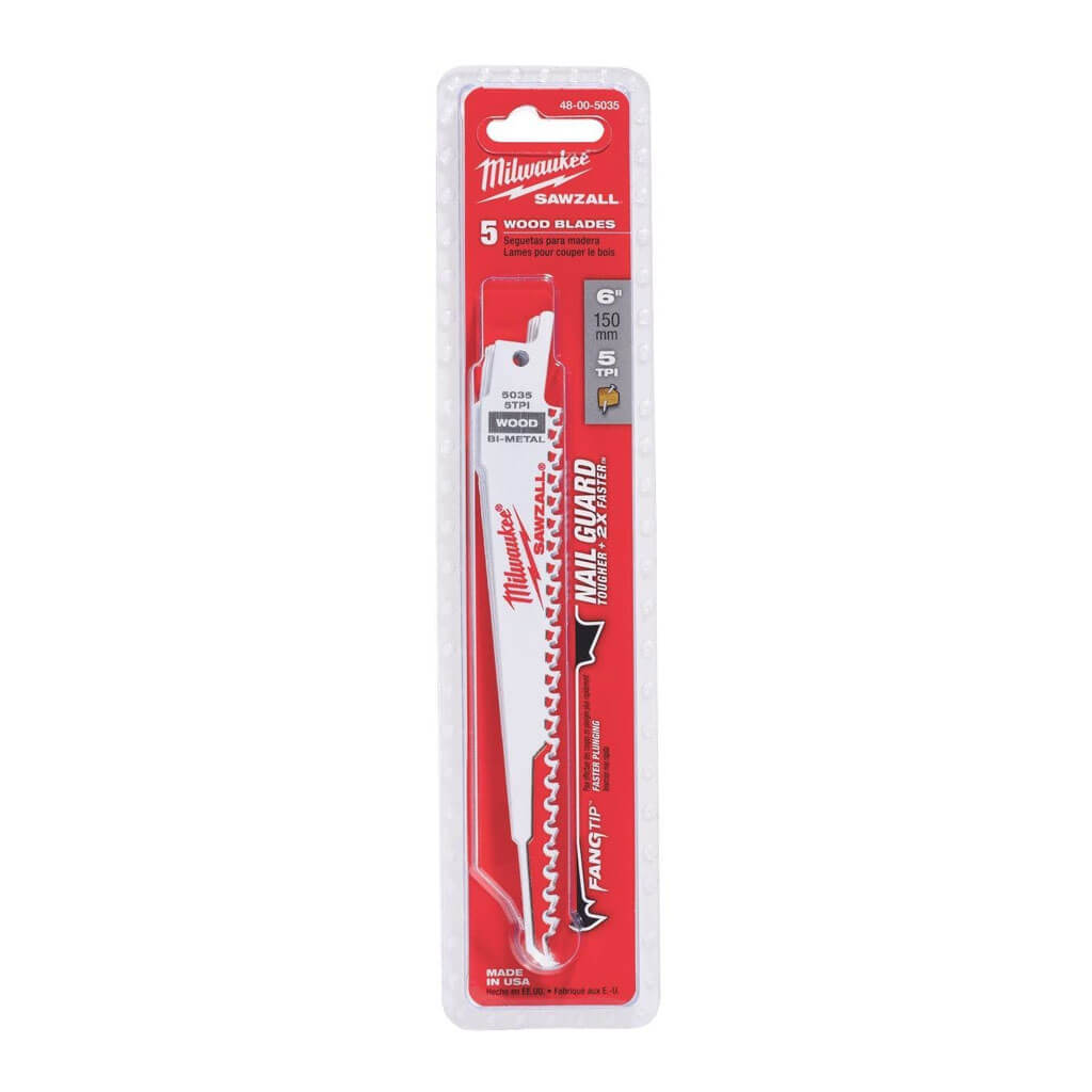 Milwaukee 48-00-5035 6 in. 5 TPI SAWZALL Nail Embedded Wood Reciprocating Saw Blade (5-Pack)