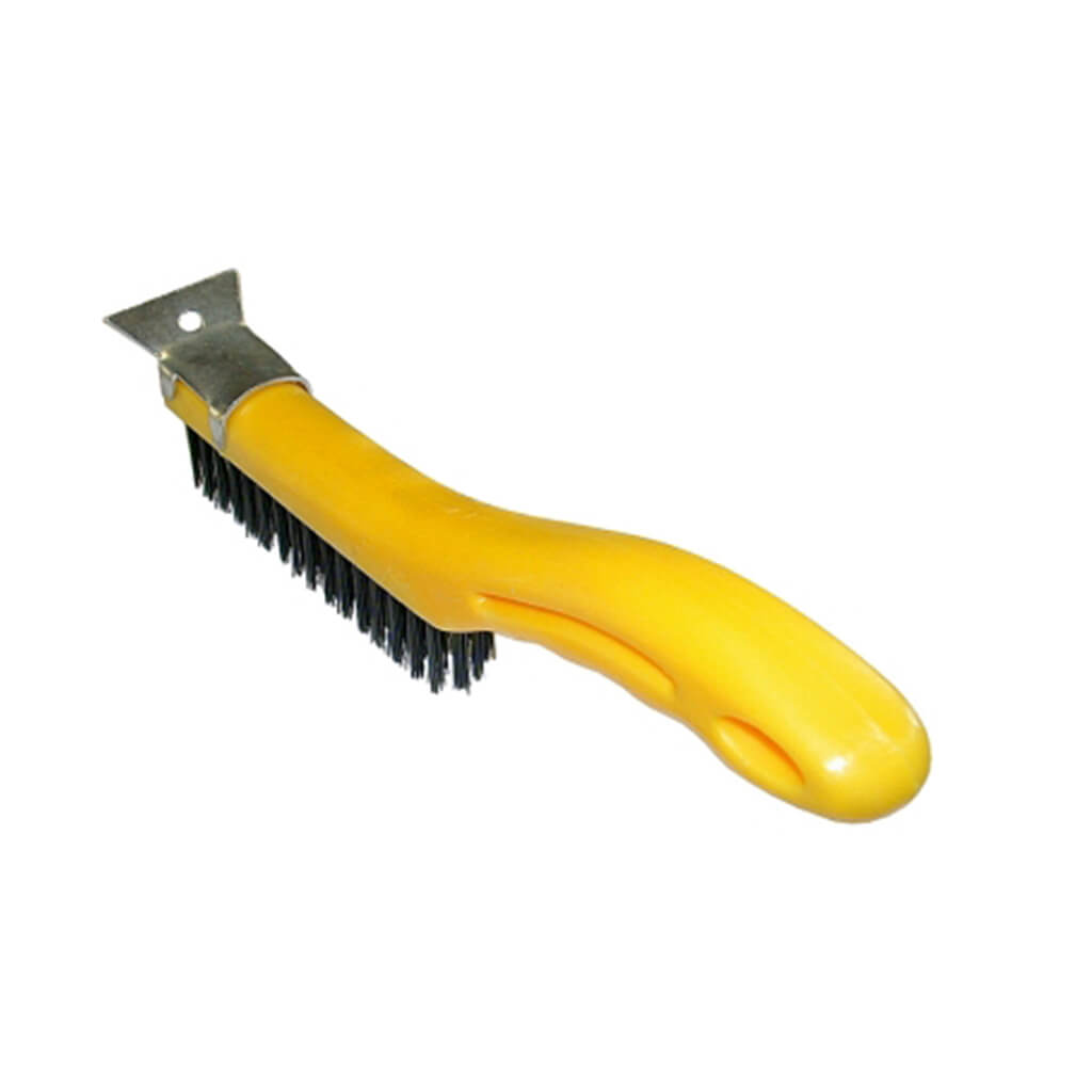 Bennett PLSWIRE333 3 in. Yellow Plastic Handle Wire Brush with Flat Scraper Tip