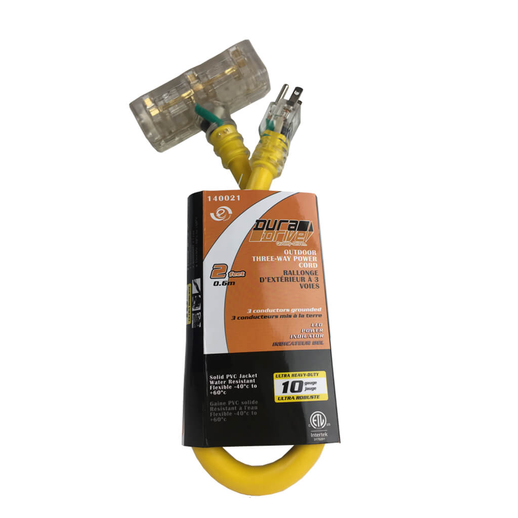 DuraDrive 2 ft. 10/3 SJTW Lighted Three-Way Power Extension Cord