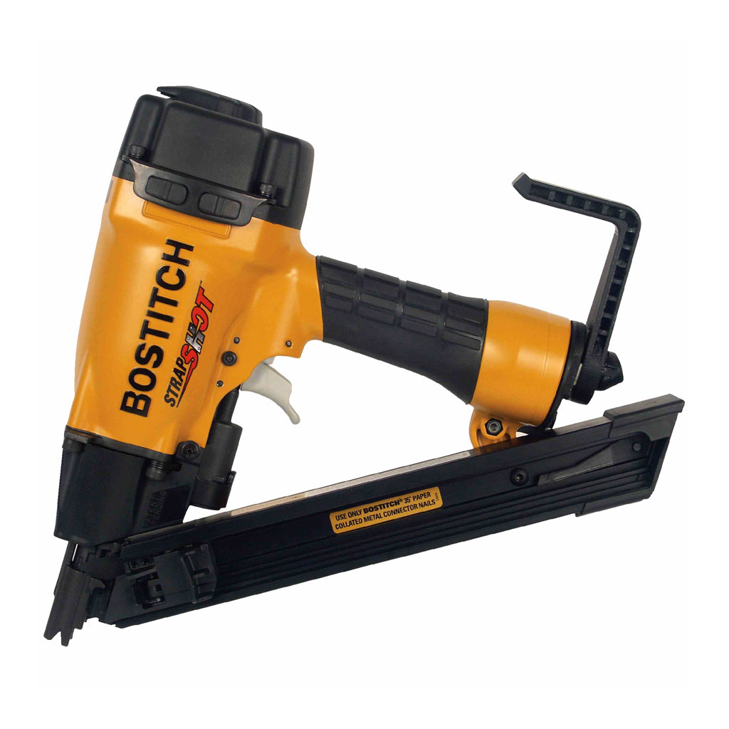 BOSTITCH MCN150 1-1/2 in. 35-Degree Pneumatic STRAPSHOT Metal Connector Paper Tape Nailer with Rafter Hook