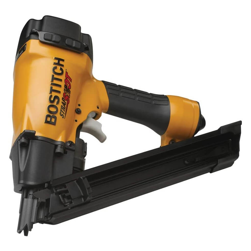 BOSTITCH MCN150 1-1/2 in. 35-Degree Pneumatic STRAPSHOT Metal Connector Paper Tape Nailer with Rafter Hook