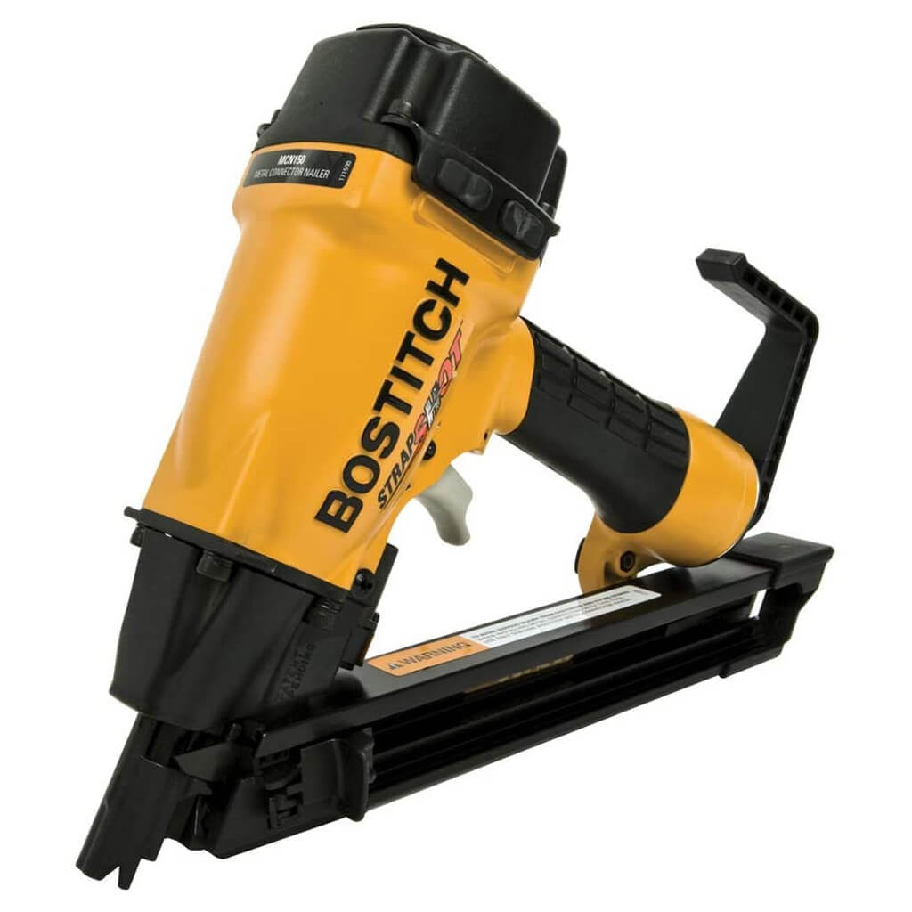 BOSTITCH MCN150 1-1/2 in. 35-Degree Pneumatic STRAPSHOT Metal Connector Paper Tape Nailer with Rafter Hook