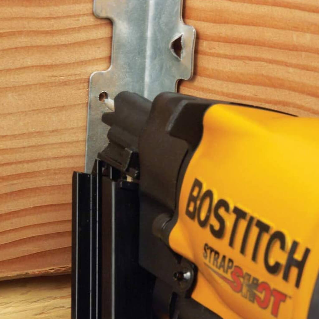 BOSTITCH MCN150 1-1/2 in. 35-Degree Pneumatic STRAPSHOT Metal Connector Paper Tape Nailer with Rafter Hook