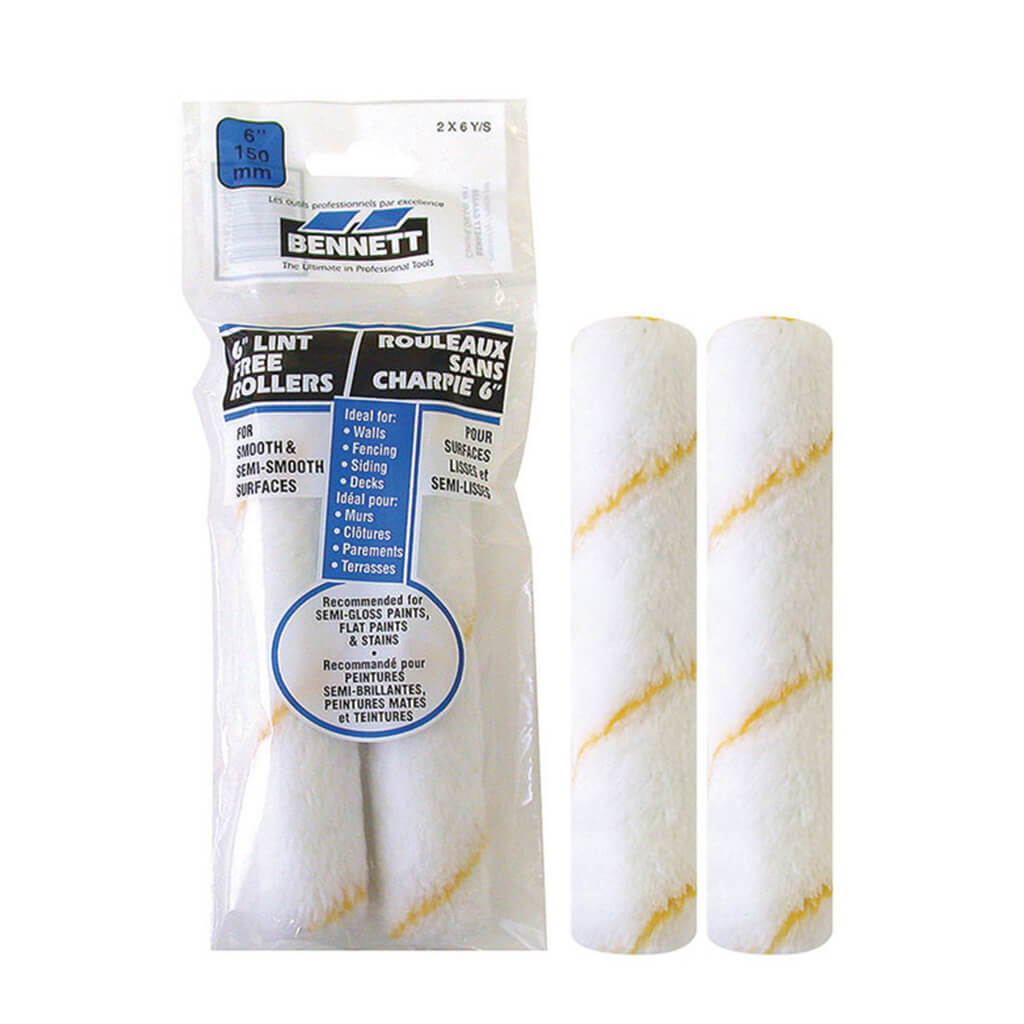 Bennett 2X6Y/S 6 in. Micro Smooth and Semi Smooth Surfaces Yellow Stripe Lint-Free Paint Roller Refill (2-Pack)