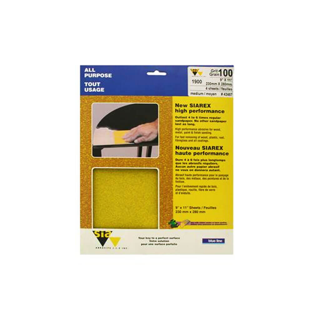 SIA 42487 Blue Line 9 in. x 11 in. 100-Grit Medium High Performance Sandpaper (4-Sheet)