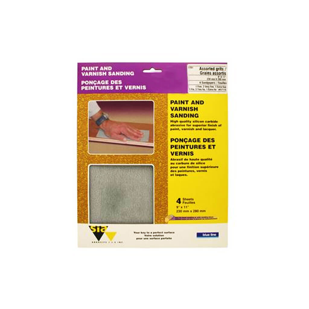 SIA 57115 Blue Line 9 in. x 11 in. Assorted Fine, Very Fine, Extra Fine-Grit Paint and Varnish Sandpaper (4-Sheet)