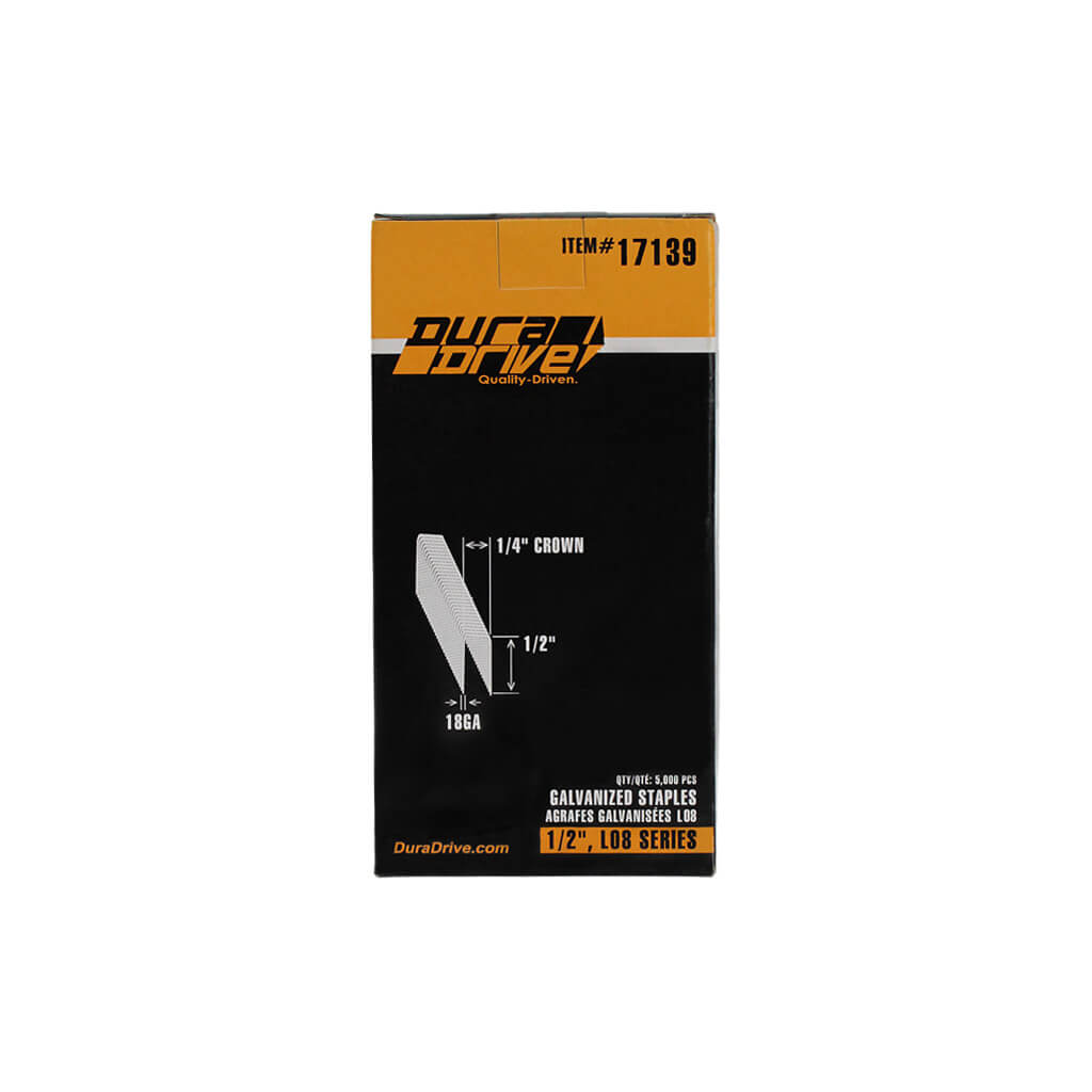 DuraDrive 1/2 in. x 1/4 in. Crown 18-Gauge L08 Series Galvanized Steel Coated Staples (5,000-Pack)