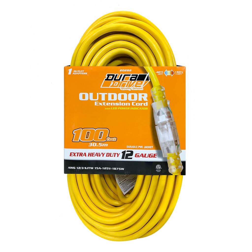 DuraDrive 100 ft. 12/3 SJTW Lighted Single Tap Power Extension Cord