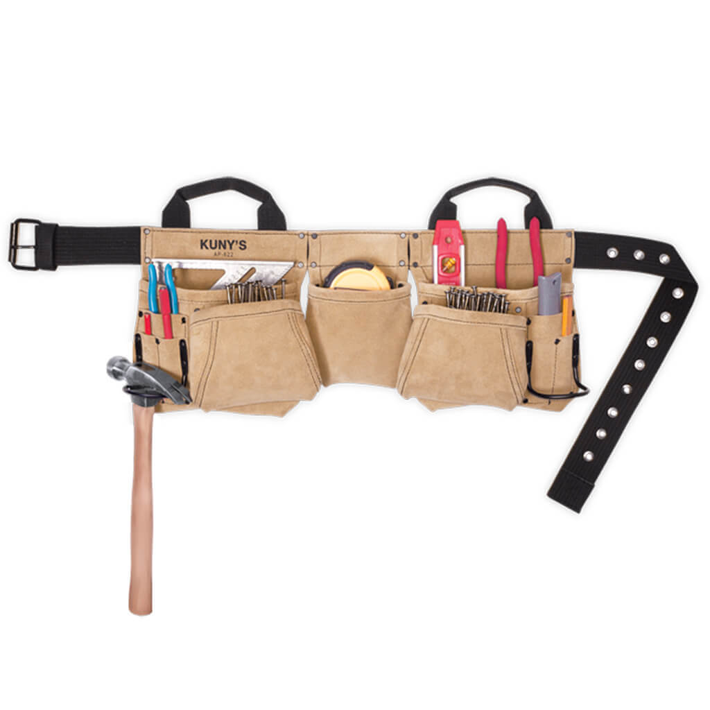 Kuny's AP622A 11-Pocket Journeyman Durable Split Leather Carpenter Apron with 1-Prong Web Belt