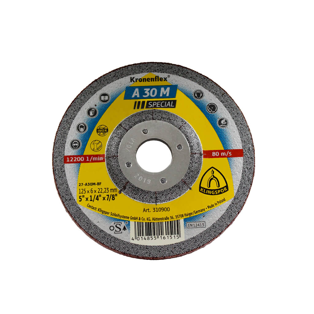 KLINGSPOR 310900 A 30 M Special 5 in. x 1/4 in. x 7/8 in. Kronenflex Depressed Centre Grinding Disc for Stainless Steel and Steel