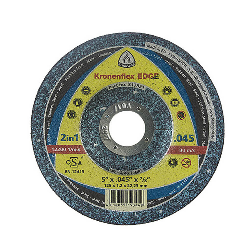 KLINGSPOR 317821 EDGE 5 in. x 0.045 in. x 7/8 in. Kronenflex Depressed Centre Cut-Off Wheel For Stainless Steel And Steel