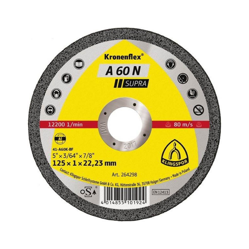 KLINGSPOR 264298 A 60 N Supra 5 in. x 3/64 in. x 7/8 in. Kronenflex Flat Cut-Off Wheel For Aluminum