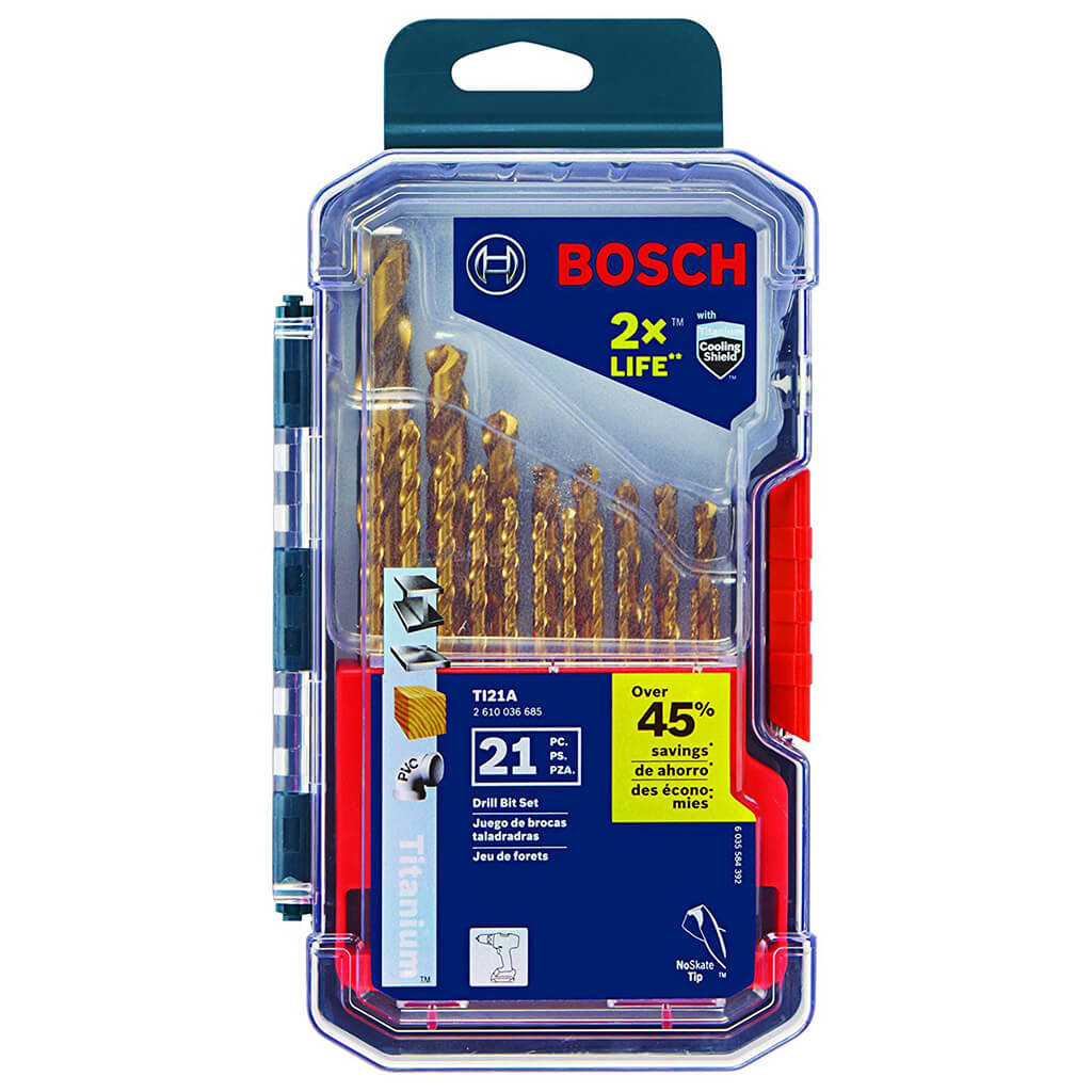 BOSCH TI21A 1/16 in. to 1/2 in. Titanium-Coated High-Carbon Steel and Light-Gauge Metal Drill Bit Set (21-Piece)