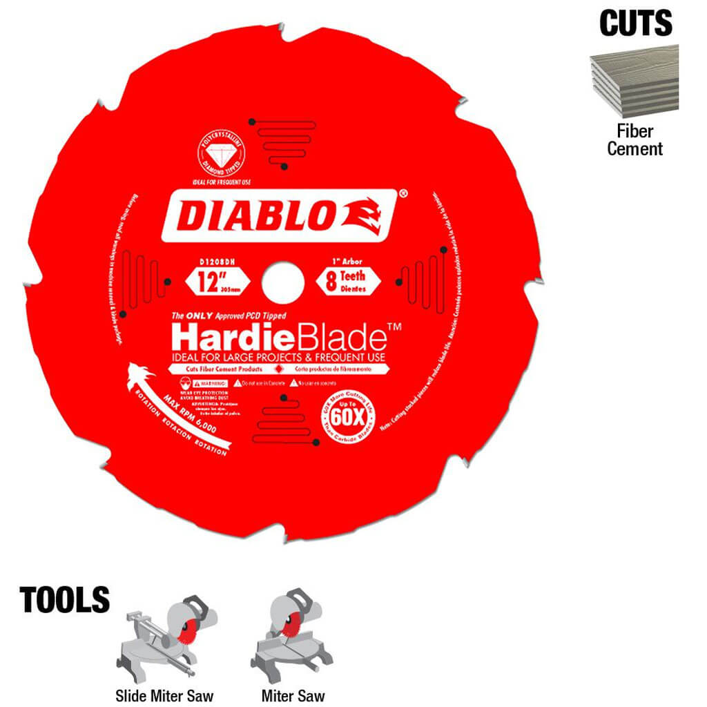 Freud Diablo D1208DHC 12 in. x 8-Tooth Polycrystalline Diamond (PCD) Tipped Fibre Cement Hardie Blade