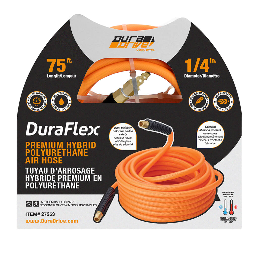 DuraDrive FO1475F 1/4 in. x 75 ft. Orange Hybrid Polyurethane Air Hose with Swivel Fitting