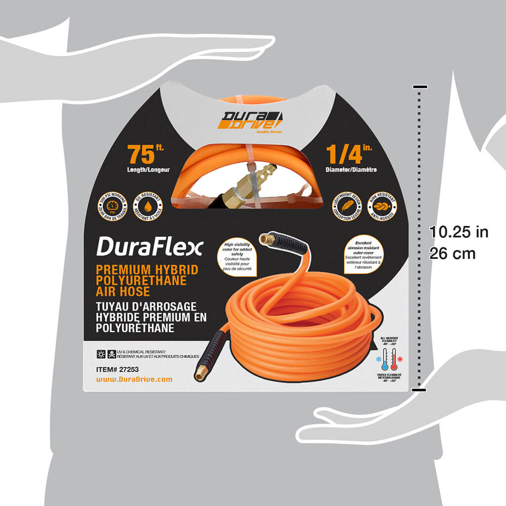 DuraDrive FO1475F 1/4 in. x 75 ft. Orange Hybrid Polyurethane Air Hose with Swivel Fitting