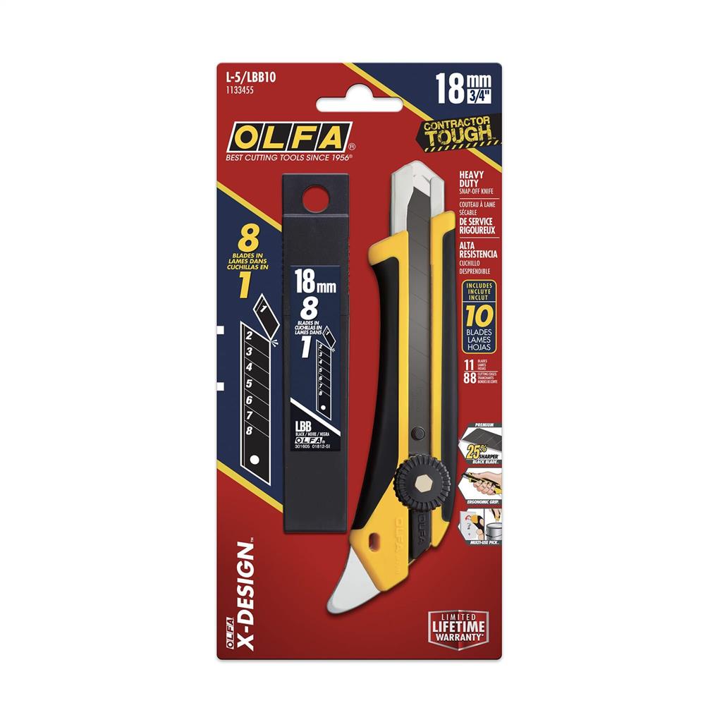 OLFA 1133455 L-5/LBB-10B 18mm Heavy-Duty Ratchet-Lock ULTRASHARP Snap-Off Utility Knife with 10-Blade Combo Set