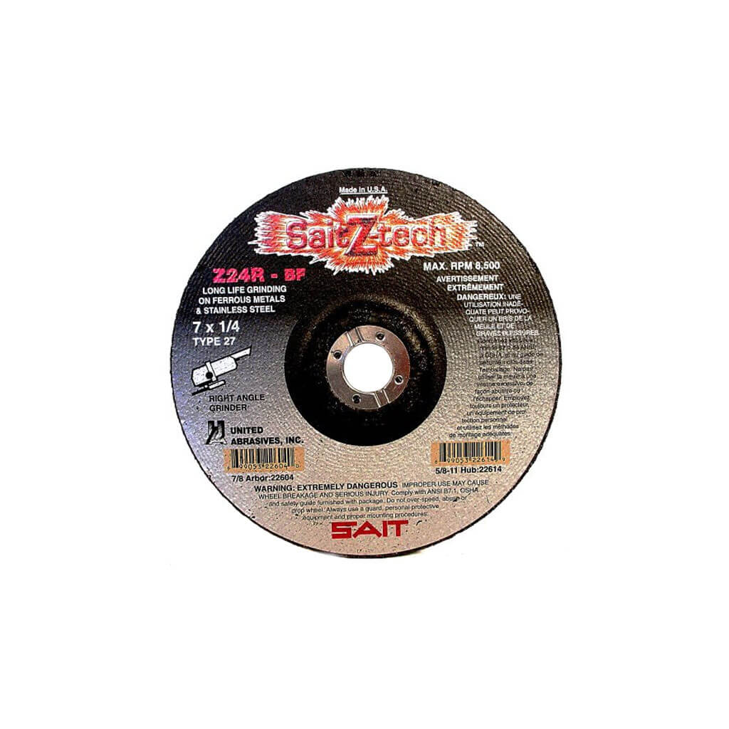 SAIT 22604 7 in. x 1/4 in. x 7/8 in. Z-TECH Z24R High Performance Type 27 Grinding Wheel for Metal