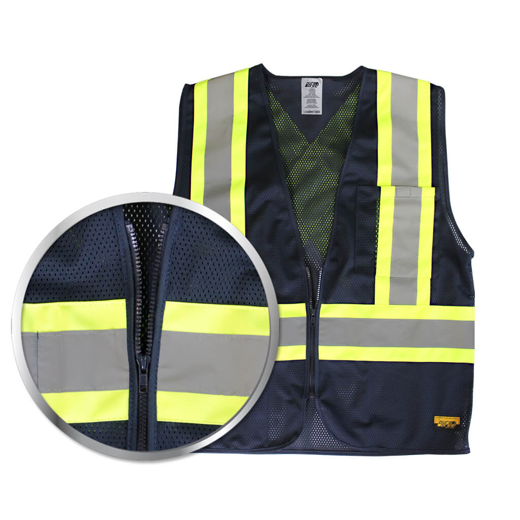 DuraDrive Men's Navy Foremans Hi-Vis Class 1 Level 2 Knitted Mesh Zipper Safety Vest with Pockets