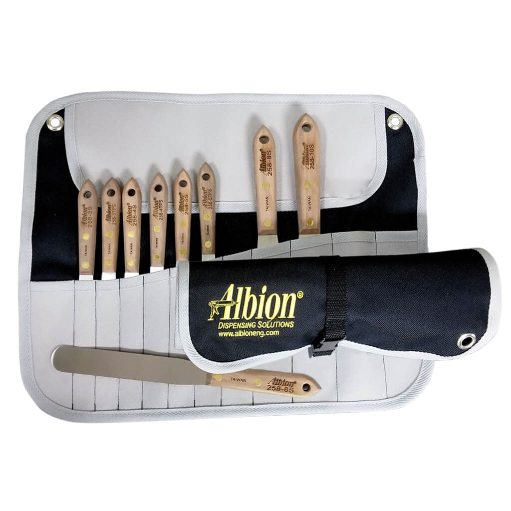 Albion 258-G01 3/8 in. to 1-1/2 in. Hardwood Handles Caulk/Sealant Finishing Metal Spatulas with Tool Wrap (9-Piece)