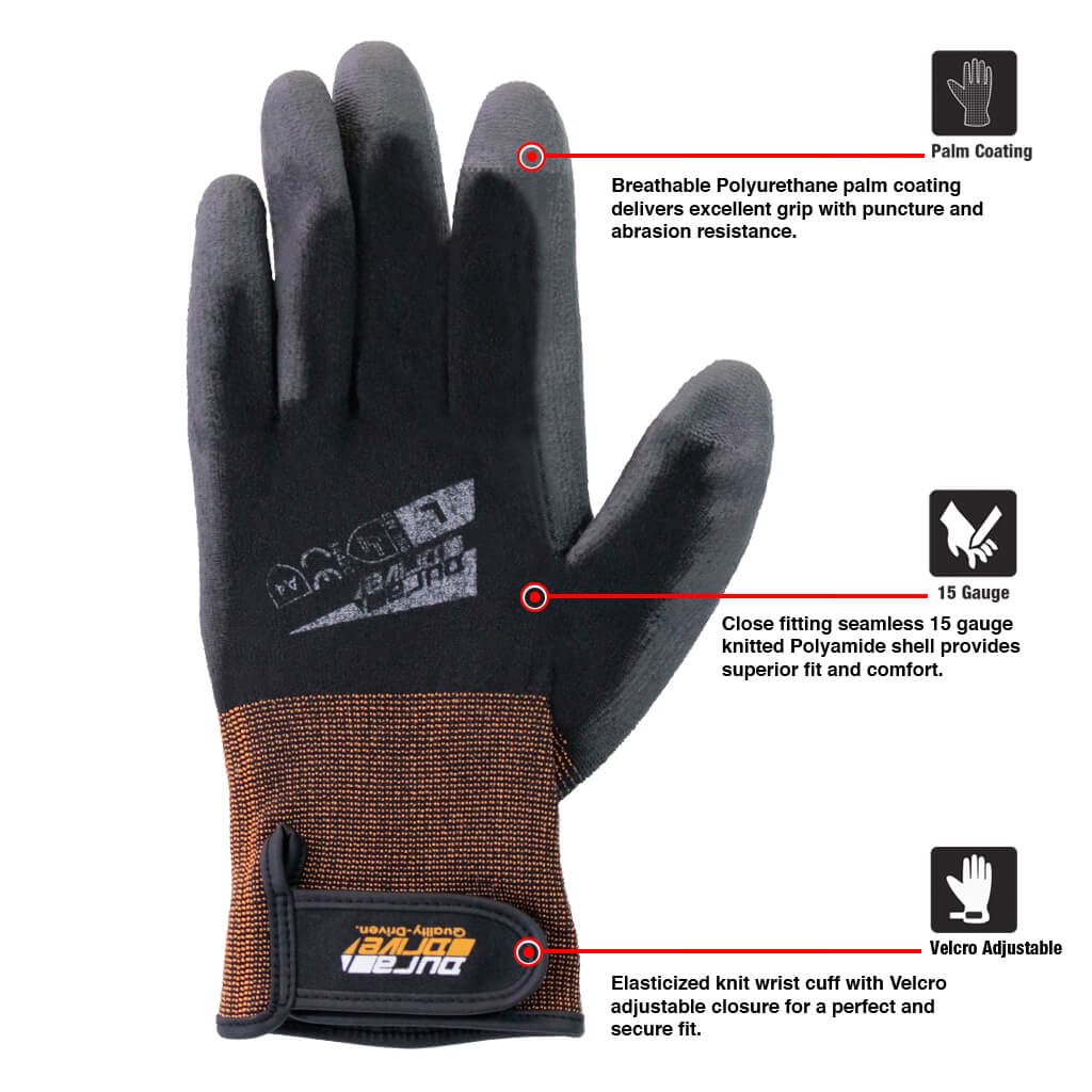 DuraDrive Black SHADE PU Palm Dipped Touch-Screen Work Gloves