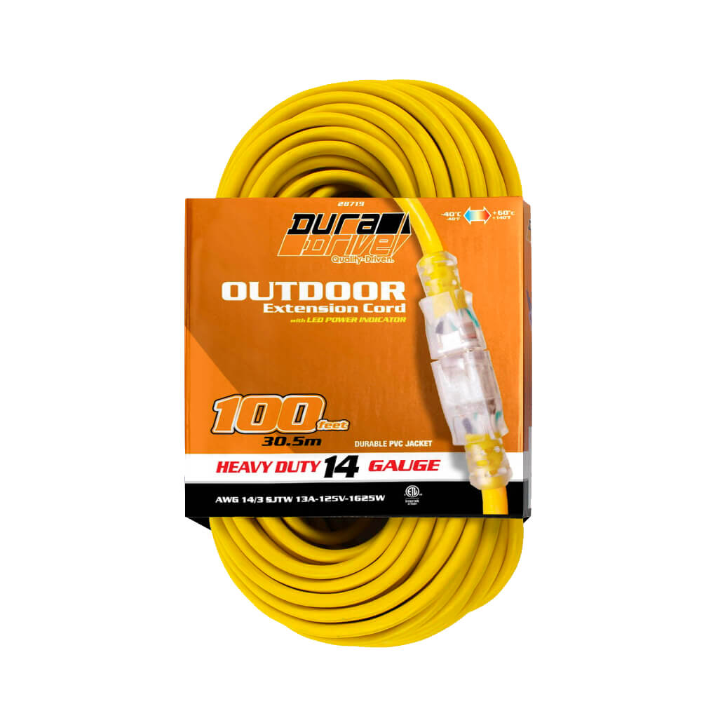 DuraDrive 100 ft. 14/3 SJTW Lighted Single Tap Power Extension Cord