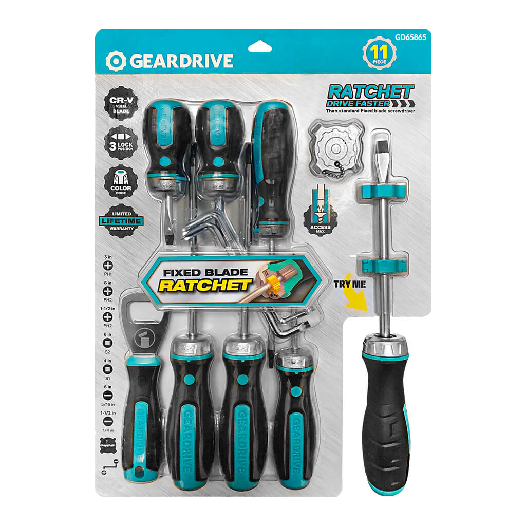 Geardrive GD65865 Ratcheting Flex Blade Screwdriver Set (11-Piece)