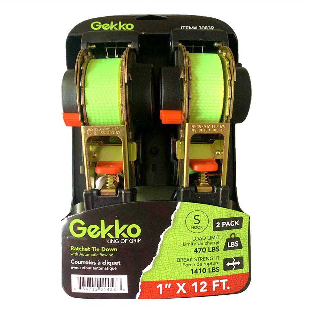 Gekko AH-003C 1 in. x 12 ft. 470 lb. Working Load Limit Spring Retractable Ratchet Tie Down Strap with S-Hooks (2-Pack)