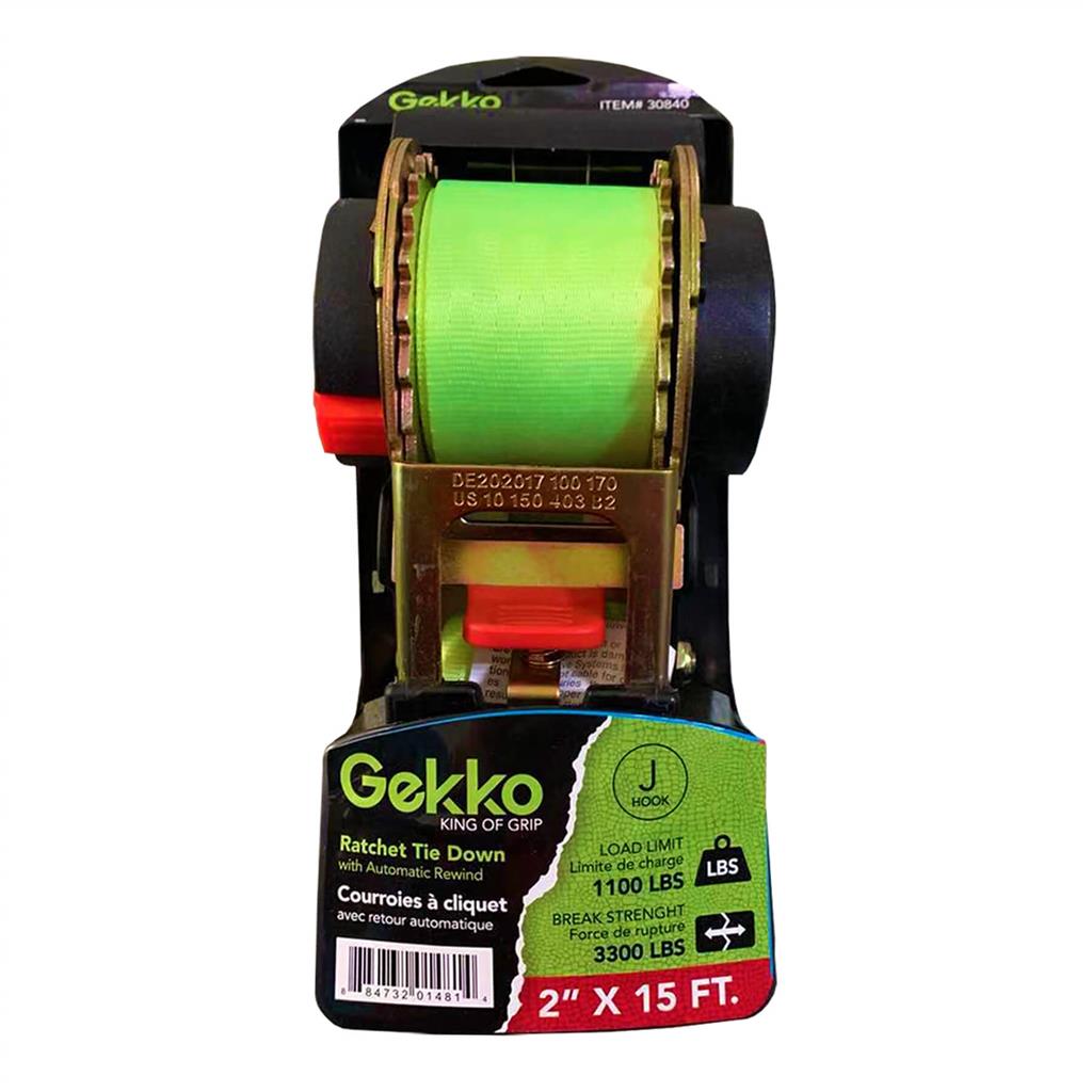 Gekko AH-606 2 in. x 15 ft. 1,100 lb. Working Load Limit Spring Retractable Ratchet Tie Down Strap with J-Hooks