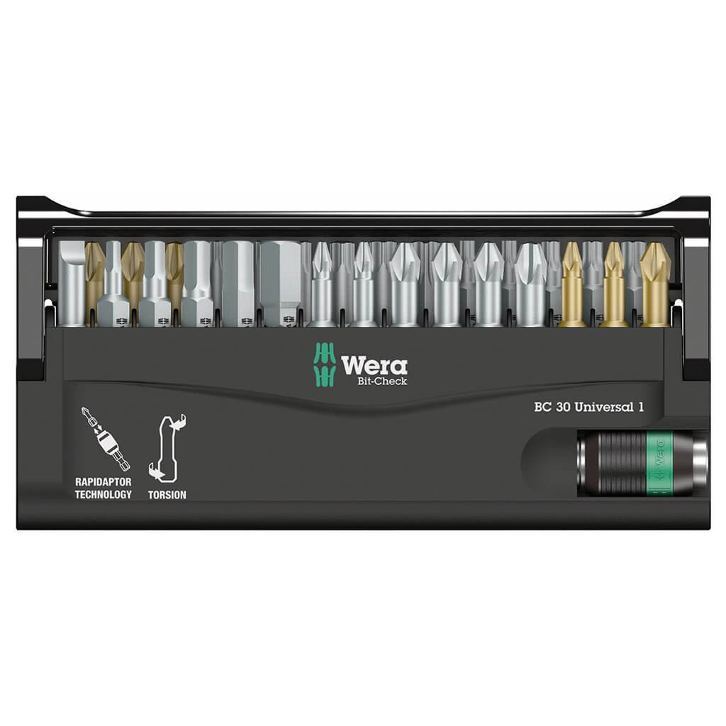 Wera 05056440001 Bit-Check 30 Universal 1 Rapidaptor Bit holder and Bit Set (30-Piece)