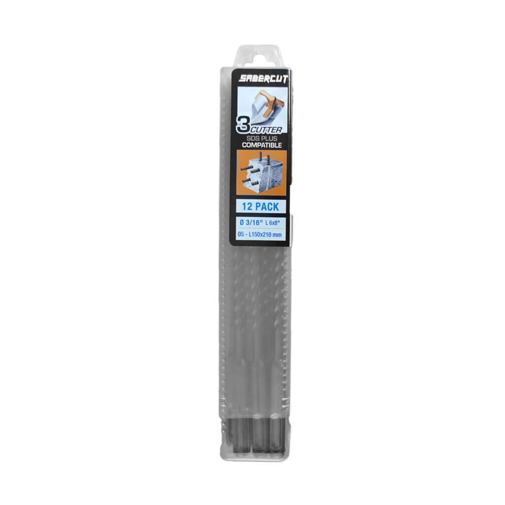 SABERCUT 3/16 in.x 8 in. SDS PLUS 3-Cutter Carbide Tip Concrete & Rebar Drill Bit (12-Pack)