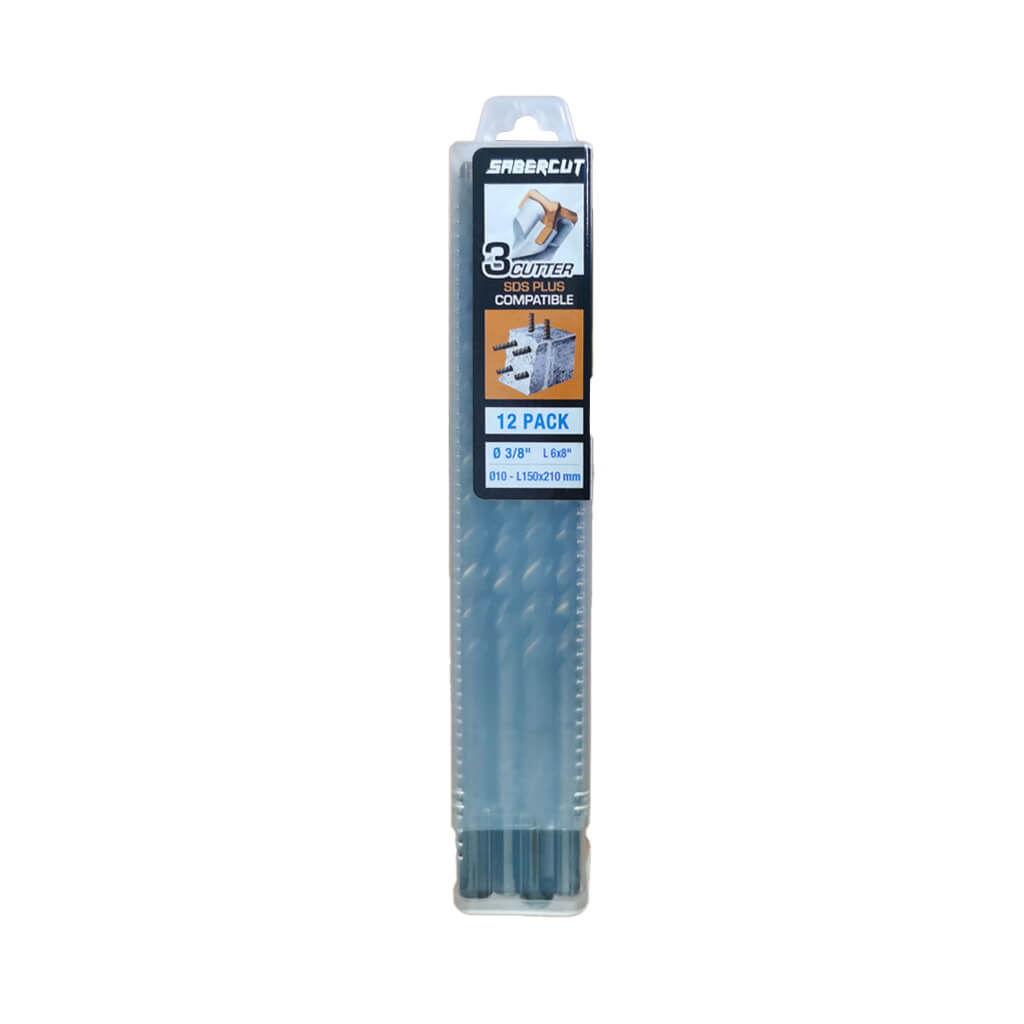 SABERCUT 3/8 in. x 8 in. SDS PLUS 3-Cutter Carbide Tip Concrete & Rebar Drill Bit (12-Pack)