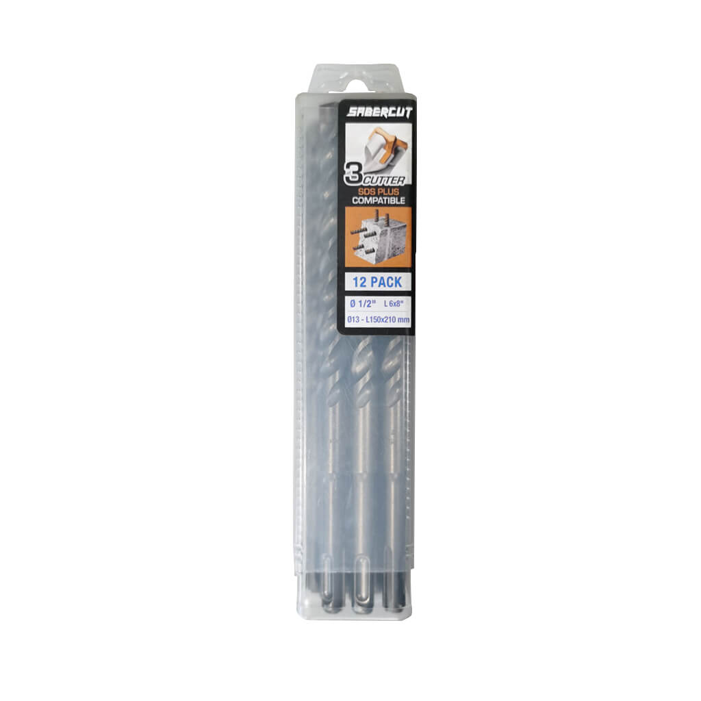 SABERCUT 1/2 in. x 8 in. SDS PLUS 3-Cutter Carbide Tip Concrete & Rebar Drill Bit (12-Pack)