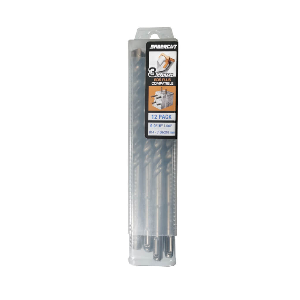 SABERCUT 9/16 in. x 8 in. SDS PLUS 3-Cutter Carbide Tip Concrete & Rebar Drill Bit (12-Pack)