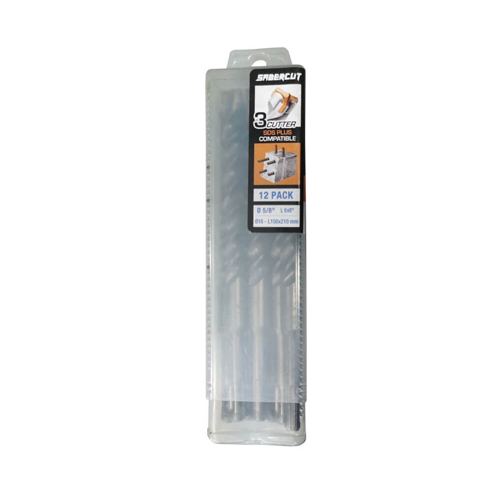 SABERCUT 5/8 in. x 8 in. SDS PLUS 3-Cutter Carbide Tip Concrete & Rebar Drill Bit (12-Pack)