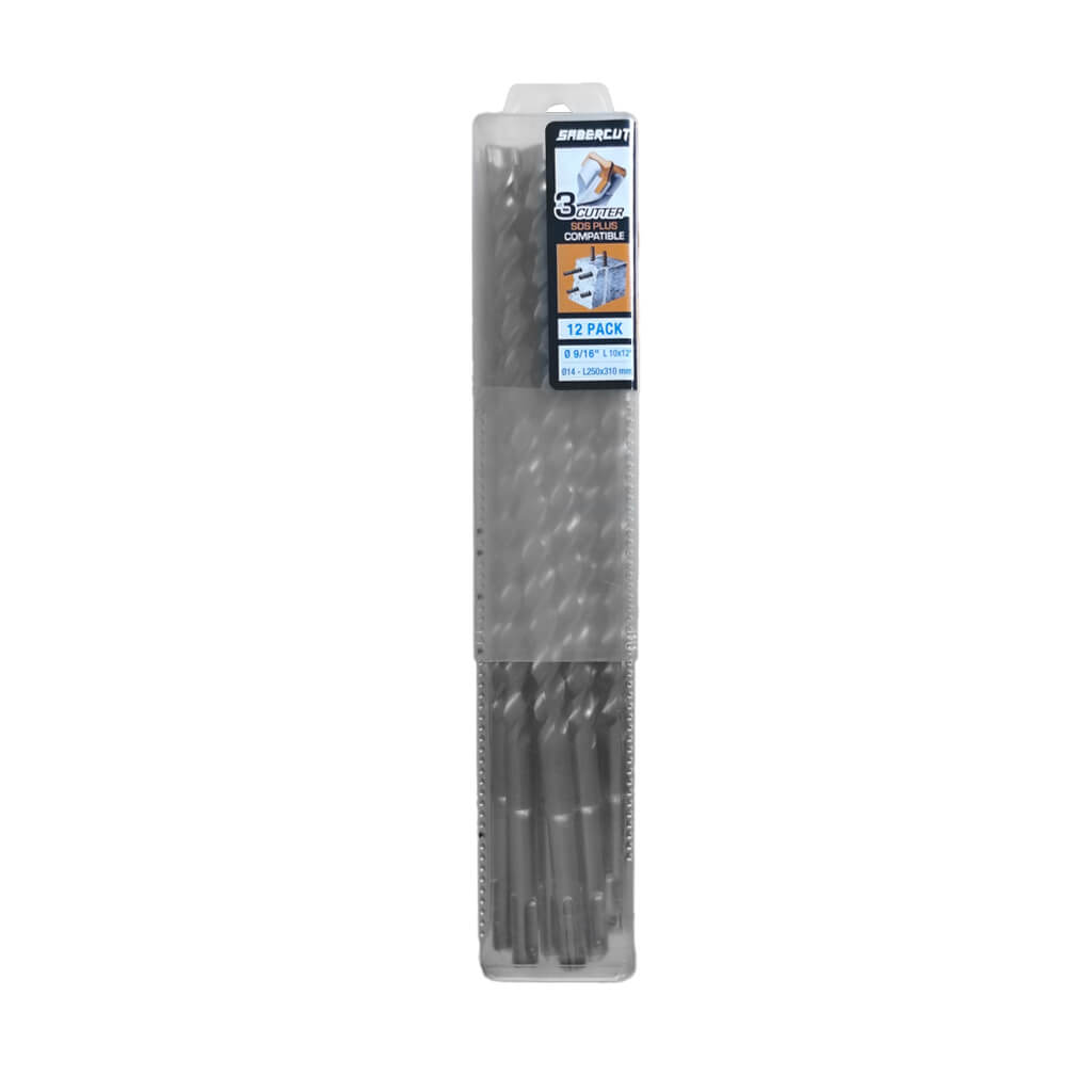 SABERCUT 9/16 in. x 12 in. SDS PLUS 3-Cutter Carbide Tip Concrete & Rebar Drill Bit (12-Pack)