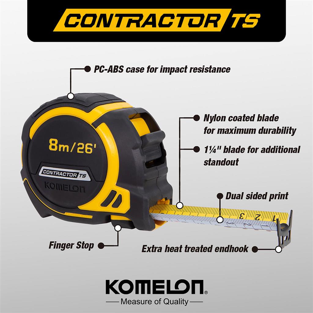  Komelon Contractor TS 8m/26 ft, 1-1/4in. wide blade Tape Measure