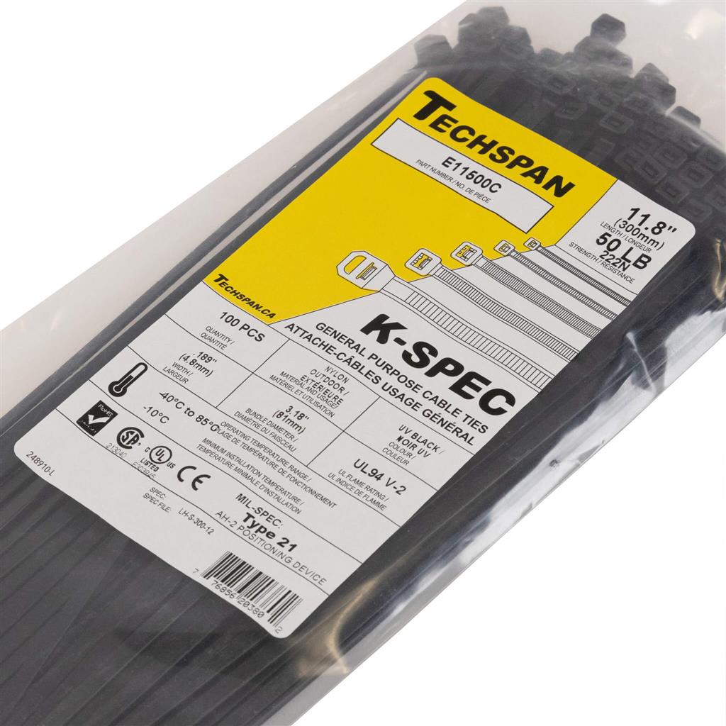 E11500C 11 in. 50 lb. UV Black General Purpose Cable Ties (100-Pack)