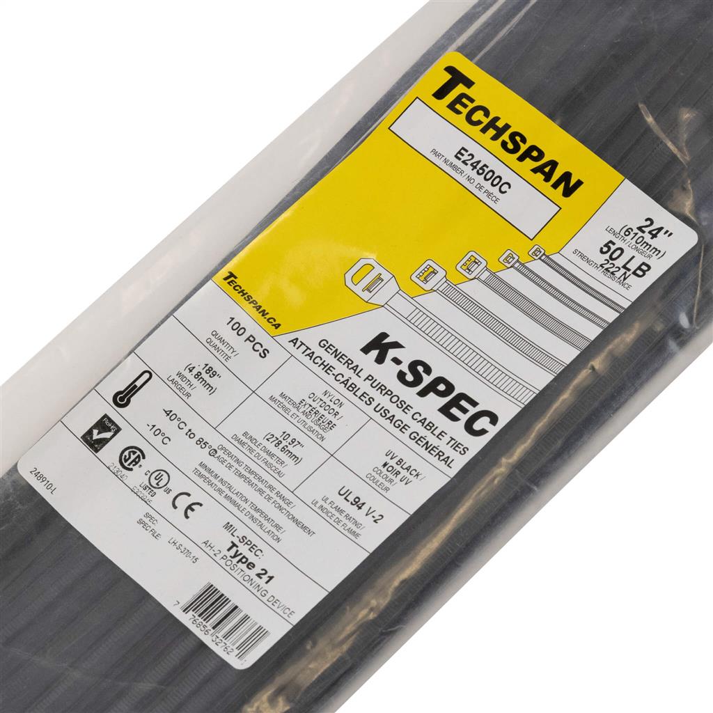 E24500C 24 in. 50 lb. UV Black General Purpose Cable Ties (100-Pack)