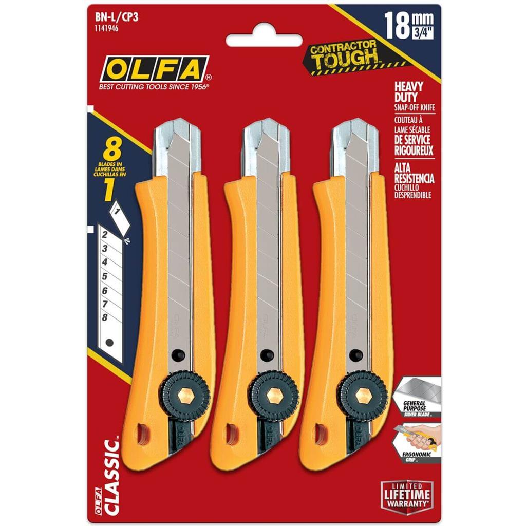 OLFA 1141946 BN-L/CP3 18mm Heavy-Duty Ratchet Lock Snap-Off Utility Knife (3-Pack)