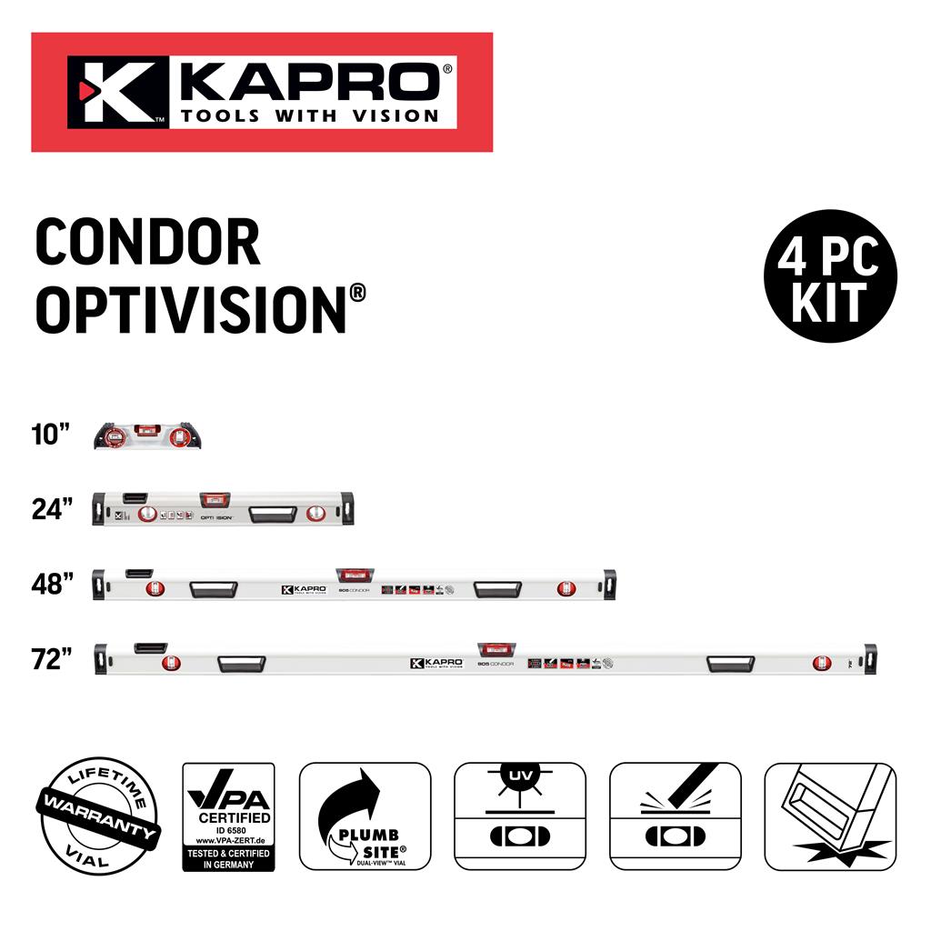 Kapro 10" Optivision Torpedo Condor Box Level 24", 48", 72" 4-Piece Set