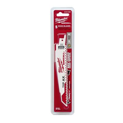 Milwaukee 48-00-5021 6 in. 5 TPI SAWZALL AX Nail Embedded Wood Reciprocating Saw Blade (5-Pack)