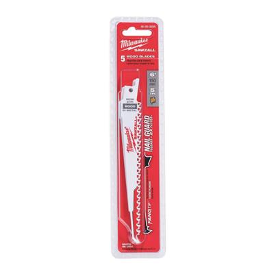 Milwaukee 48-00-5035 6 in. 5 TPI SAWZALL Nail Embedded Wood Reciprocating Saw Blade (5-Pack)