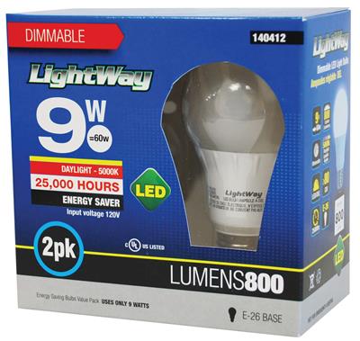 Toolway 140412 9-Watt 800-Lumen Dimmable LED Light Bulb (2-Pack)