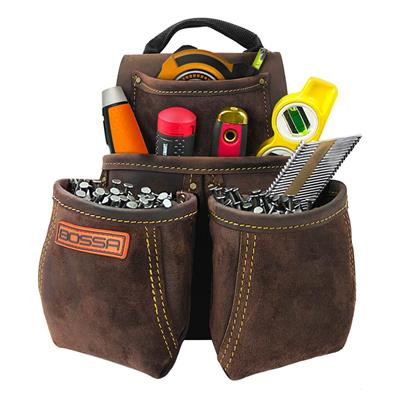 BOSSA 4-Pocket Dark Brown Split Leather Suede Heavy Duty Component Nail and Tool Pouch