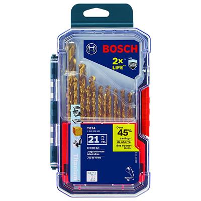 BOSCH TI21A 1/16 in. to 1/2 in. Titanium-Coated High-Carbon Steel and Light-Gauge Metal Drill Bit Set (21-Piece)