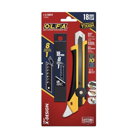 OLFA 1133455 L-5/LBB-10B 18mm Heavy-Duty Ratchet-Lock ULTRASHARP Snap-Off Utility Knife with 10-Blade Combo Set