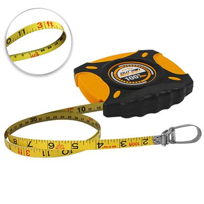 DuraDrive 100 ft./30m Imperial/Metric E-Z Grip Nylon Coated Steel Blade Closed Case Tape Measure with Folding Rewind Crank