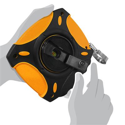 DuraDrive 100 ft./30m Imperial/Metric E-Z Grip Nylon Coated Steel Blade Closed Case Tape Measure with Folding Rewind Crank